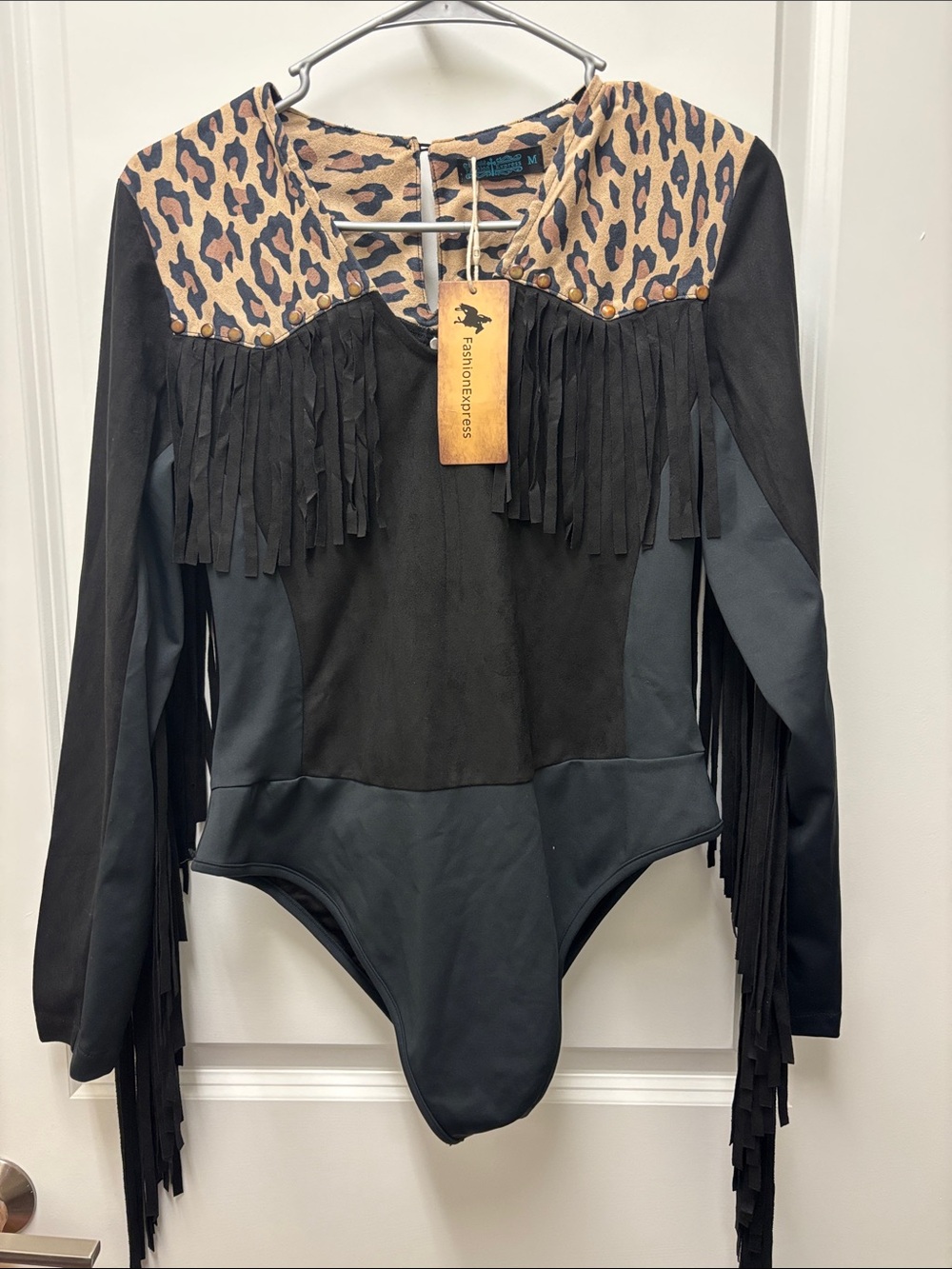 Kids Leopard Fringe One-Piece Bodysuit in Black and Tan